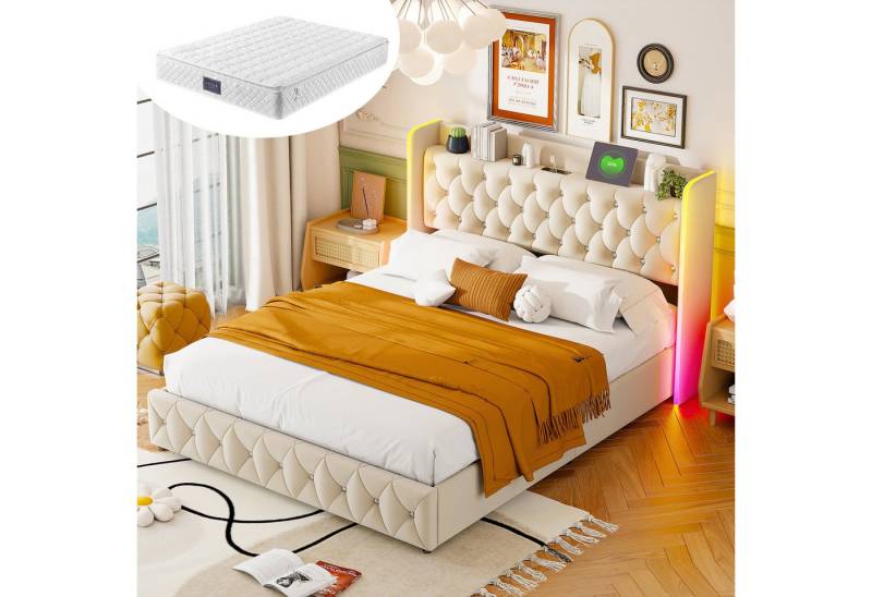 Furnishings Home Polsterbett Stauraumbett Doppelbett Mit Matratze (Hydraulisch hebbarer Stauraum), Mit LED-Beleuchtung, Bettkasten, Lattenrost, Samt, 160x200 cm von Furnishings Home