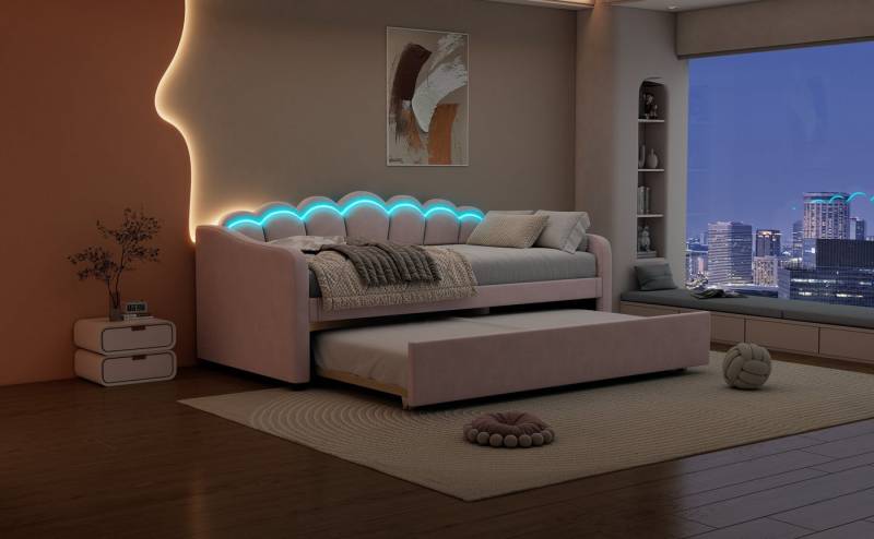 Furnishings Home Polsterbett Tagesbett LED Daybett inkl. Schlafsofa, Mit LED-Beleuchtung, Unterbett 90x200 + 90x190 cm und Lattenrost, Samt von Furnishings Home