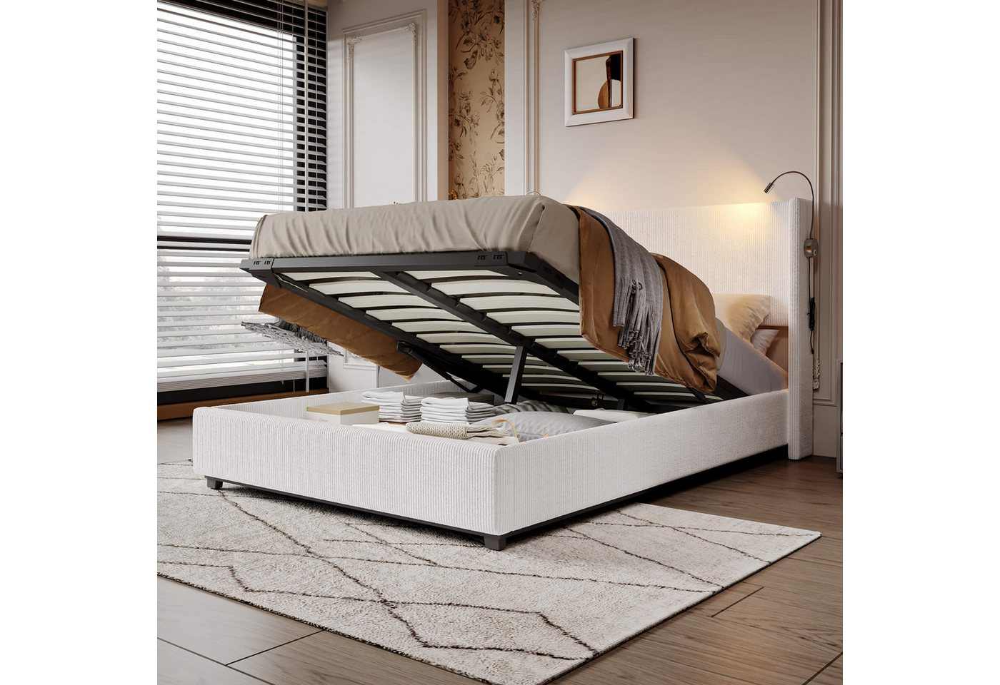 Furnishings Home Polsterbett Weiß Doppelbett mit Bettkasten (Set, Bett), Hausbett, mit Bettkasten, mit Leselichtern, mit USB-Ladeanschlüssen von Furnishings Home