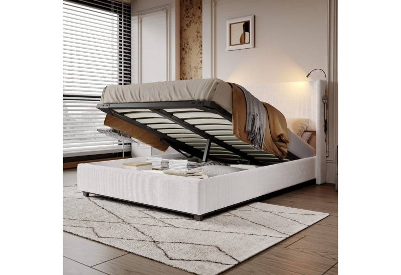 Furnishings Home Polsterbett Weiß Doppelbett mit Bettkasten (Set, Bett), Hausbett, mit Bettkasten, mit Leselichtern, mit USB-Ladeanschlüssen von Furnishings Home