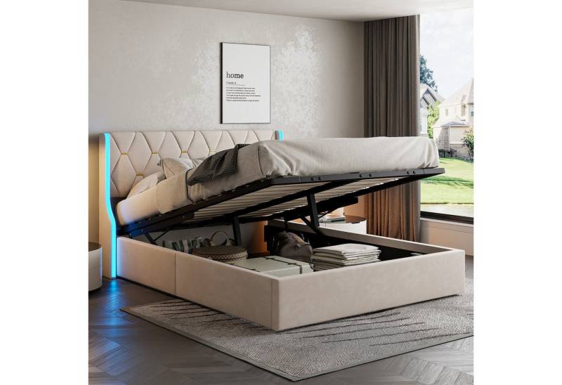 Furnishings Home Polsterbett Stauraumbett Doppelbett LED (Hydraulisch hebbarer Stauraum), Mit LED-Beleuchtung, Bettkasten, Samt, 140x200 cm von Furnishings Home