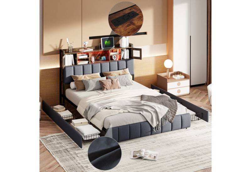Gdood Polsterbett Stauraumbett Doppelbett LED (Set, Vier extra große Schubladen unter dem Bett), Mit LED-Beleuchtung, Schubladen, 2 USB & Stecker, Leinen, 140x200 cm von Gdood