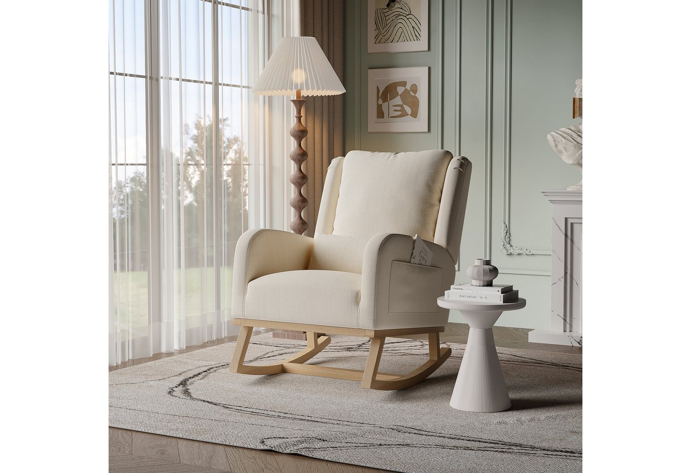 Furnishings Home Schaukelstuhl Loungesessel Hellbeiger mit Kissen (1 St), 2 Seitentaschen 1Lendenkissen 68 x 93 x 96 cm von Furnishings Home