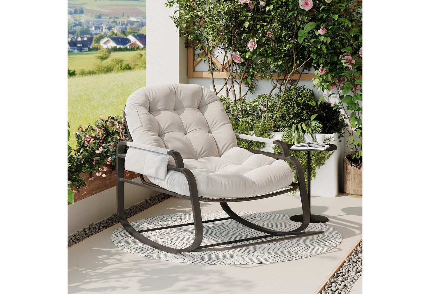 Furnishings Home Schaukelstuhl Loungesessel Polsterstuhl Rattanstuhl (1 St), Mit Klappbare Fußstützen mit Stahlrahmen 94.5x89.5x93.5 cm von Furnishings Home