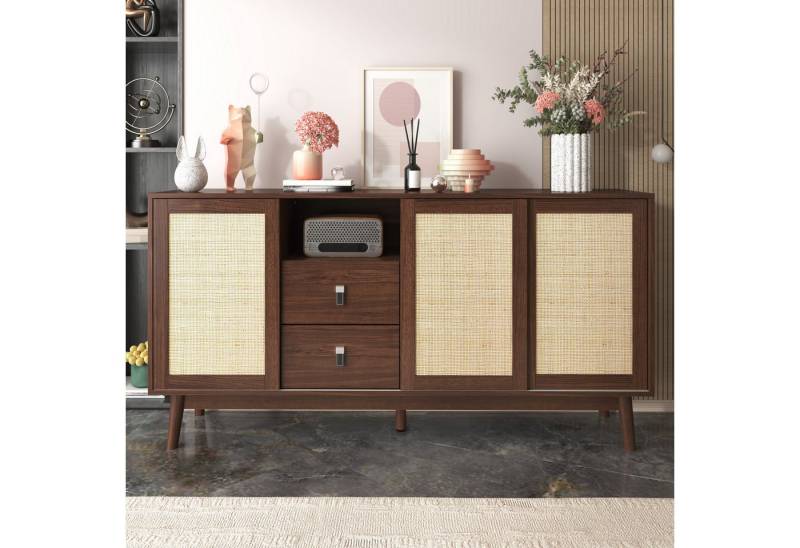 Furnishings Home Schiebetürenschrank Modernes Design Sideboard echtem 3 RattanSchiebetüren 2 Schubladen (1-St) Gilt für Wohnzimmer, Esszimmer, Schlafzimmer oder Flur 155x38x80 cm von Furnishings Home