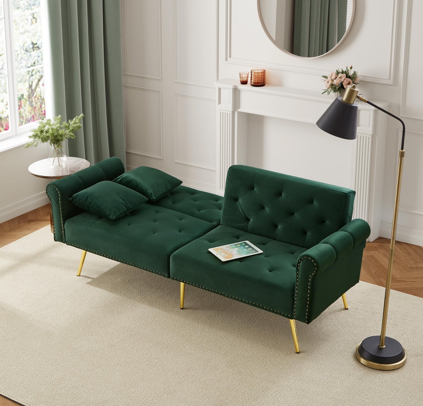 Furnishings Home Schlafsofa Sofa mit Samtbezug und vergoldeten Füßen Modernes, Platzsparendes Sofa mit 3-stufiger Rückenlehne und Schlaffunktion von Furnishings Home