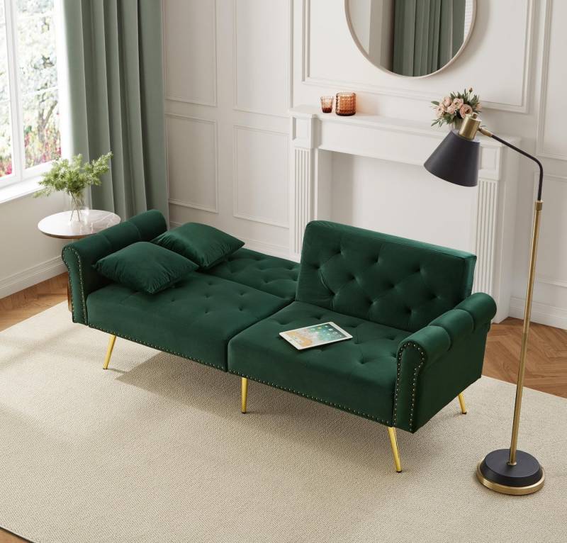 Furnishings Home Schlafsofa Sofa mit Samtbezug und vergoldeten Füßen Modernes, Platzsparendes Sofa mit 3-stufiger Rückenlehne und Schlaffunktion von Furnishings Home