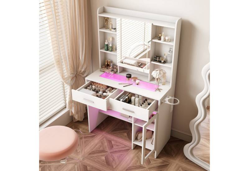 Furnishings Home Schminktisch Frisiertisch mit Spiegel und LED Mit 2 Schubladen und 8 Ablagefächern (1-St), Mit Ladefunktionen, LED-Beleuchtung, einstellbare Helligkeit, modern von Furnishings Home
