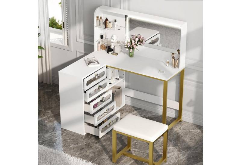 Furnishings Home Schminktisch L-Typ Frisiertisch set mit LED-Beleuchtung Spiegel, Stauraum, modern (1200x800x1350 mm), Mit 5 Schubladen, Drei einstellbare LED-Leuchten von Furnishings Home