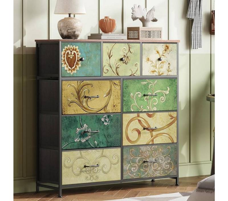 Furnishings Home Schubkastenkommode Sideboard Kommode Nachttisch Moderne (1 tlg. 100 x 30 x 100 cm (BxTxH), 9 Schubladen, Retro-Stil, Blumenstoff von Furnishings Home