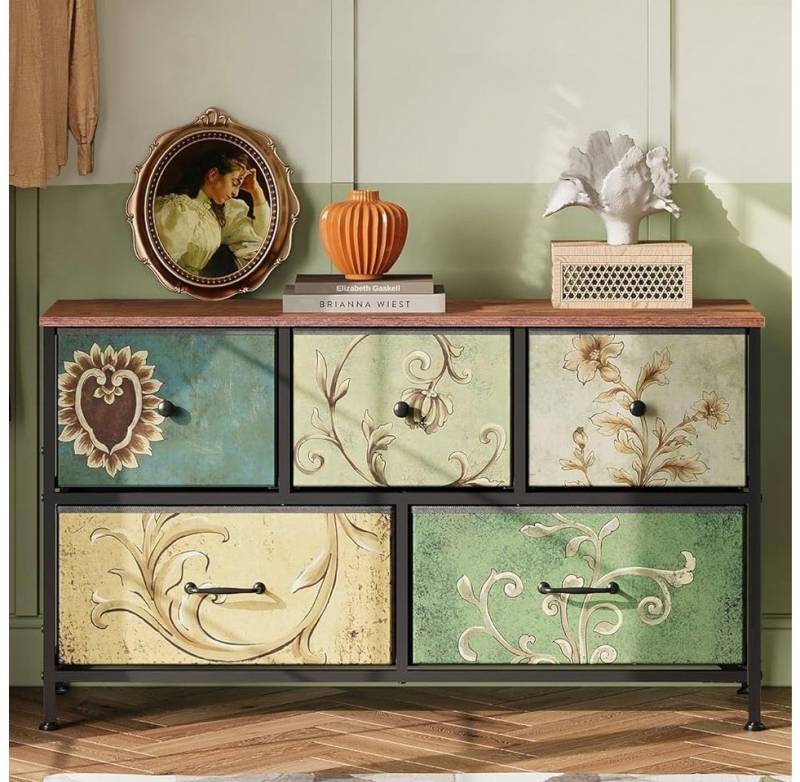 Furnishings Home Schubkastenkommode Sideboard Kommode Nachttisch Moderne (1 tlg. 100 x 30 x 55.2 cm (BxTxH), 5 Schubladen, Retro-Stil, Blumenstoff von Furnishings Home