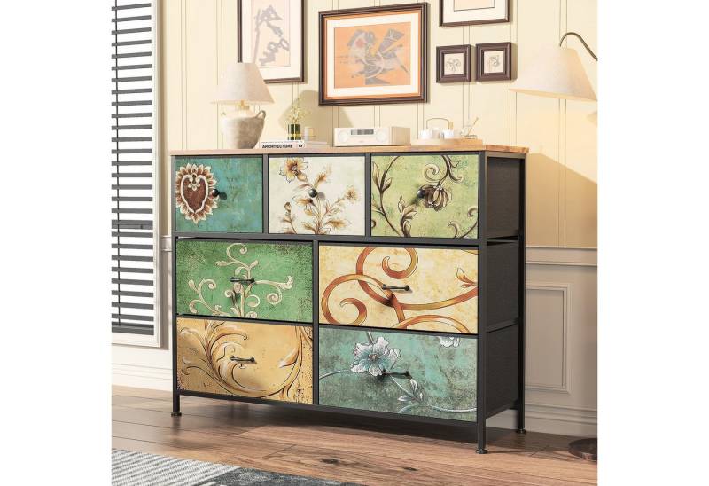 Furnishings Home Schubkastenkommode Sideboard Kommode Nachttisch Moderne (1 tlg. 100 x 30 x 78 cm (BxTxH), 7 Schubladen, Retro-Stil, Blumenstoff von Furnishings Home
