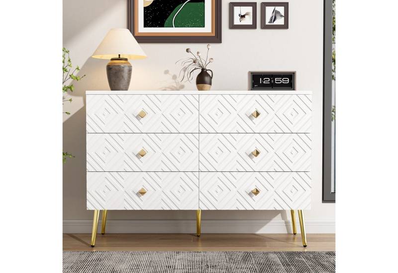 Furnishings Home Schublade Moderne 6-Schubladen-Kommode viel Schlafzimmer &Wohnzimmer (1 St), minimalistis goldfarbenen Metallbeine Design in Weiß – 120x40x80cm von Furnishings Home