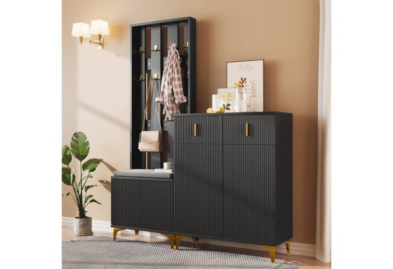 Furnishings Home Schuhbank Garderobenset mit Schuhbank Garderobenfront mit Haken (1-St), Goldenen Griffe Scharnieren mit zwei Schubladen und zwei Türen von Furnishings Home