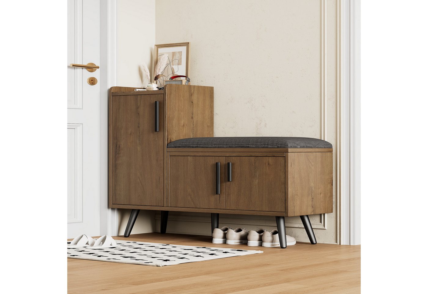 Furnishings Home Schuhbank Moderne Schuhtruhe Sitzbank mit drei Stauraumtüren B100/T34/H69 cm (1-St), Mit asymmetrischen Metallgriffen und mehreren Ebenen zur Aufbewahrung von Furnishings Home