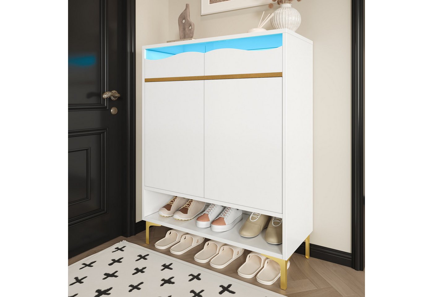 Furnishings Home Schuhschrank Moderner mit LED 16 Farben Schuhschrank 80×35×105 cm (1-St) Für Flur mit Schubladen & Ablagen – Stauraum von Furnishings Home