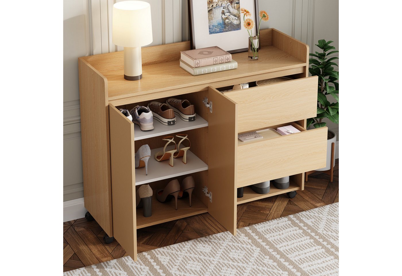 Furnishings Home Schuhschrank Schuhregal Step 4 Schuhständer Schuhkommode (Breite 110 cm, Tief 35 cm, mit 6 Fächer, Schuhkipper) Universalrad mit Bremse, verstellbare Regale, Dämpfungsscharnier von Furnishings Home