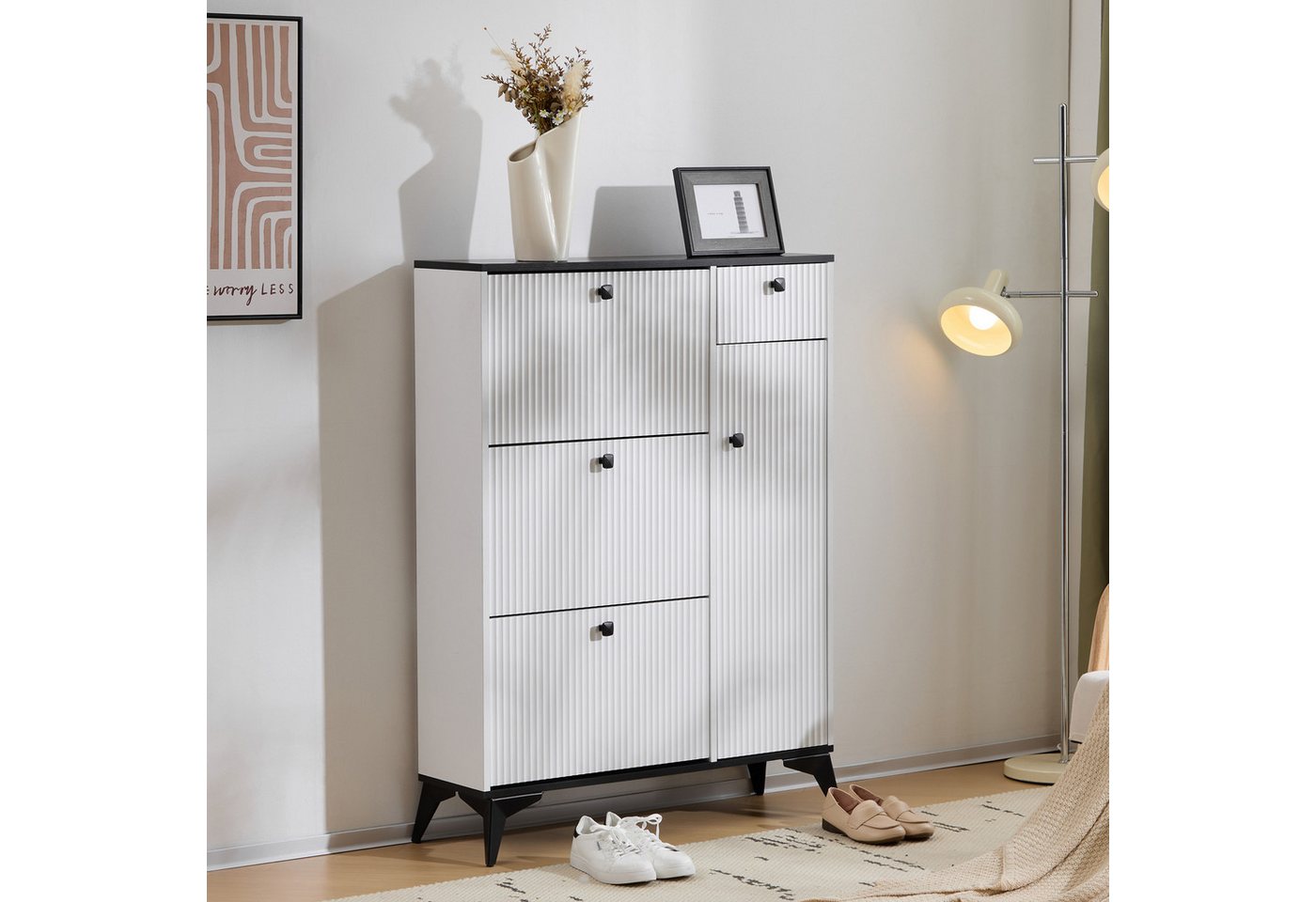 Furnishings Home Schuhschrank Schuhschrank mit 3 Klappen, 1 Schublade und 1 Tür, Schuhregal (1-St) Weiß /Schwarz Maße: H 121 cm / B 90 cm / T 25 cm von Furnishings Home