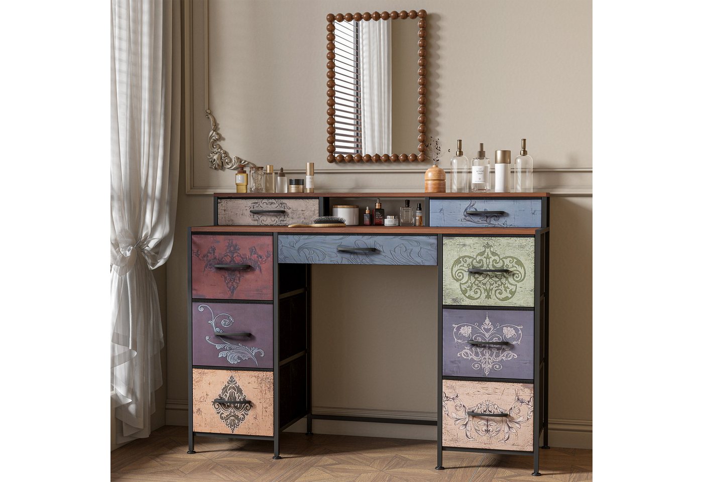 Furnishings Home Sideboard Beistelltisch Schrank kommode Anrichte (1 St., Mit Anti-Dump-Vorrichtung, Aufbewahrung aus Holz & Stoff), Paneel mit Blumenmuster, 9 Schubladen mit Griffen von Furnishings Home