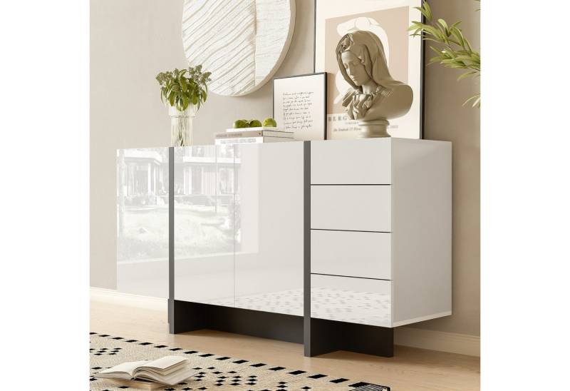 Furnishings Home Sideboard Moderner schlichter Sideboard mit 2 Türen und 4 Schubladen Weißer (1 St), Verstauen von Büchern, Geschirr, Getränken und mehr von Furnishings Home