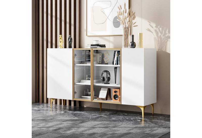 Furnishings Home Sideboard Modernes Design 4-Tür SideboardGoldfarbenen Metallfüße Grifflos Weiß (1 St), Die sich ideal zur Aufbewahrung von Geschirr Büchern 150 x 38 x 85 cm von Furnishings Home