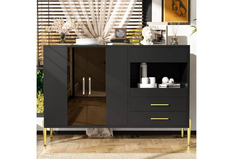 Furnishings Home Sideboard Modernes mit Glastür Griffe aus Kristall-Acryl (1 St), für Esszimmer und Wohnzimmer, goldene Eisenbeine schwarzer Korpus von Furnishings Home