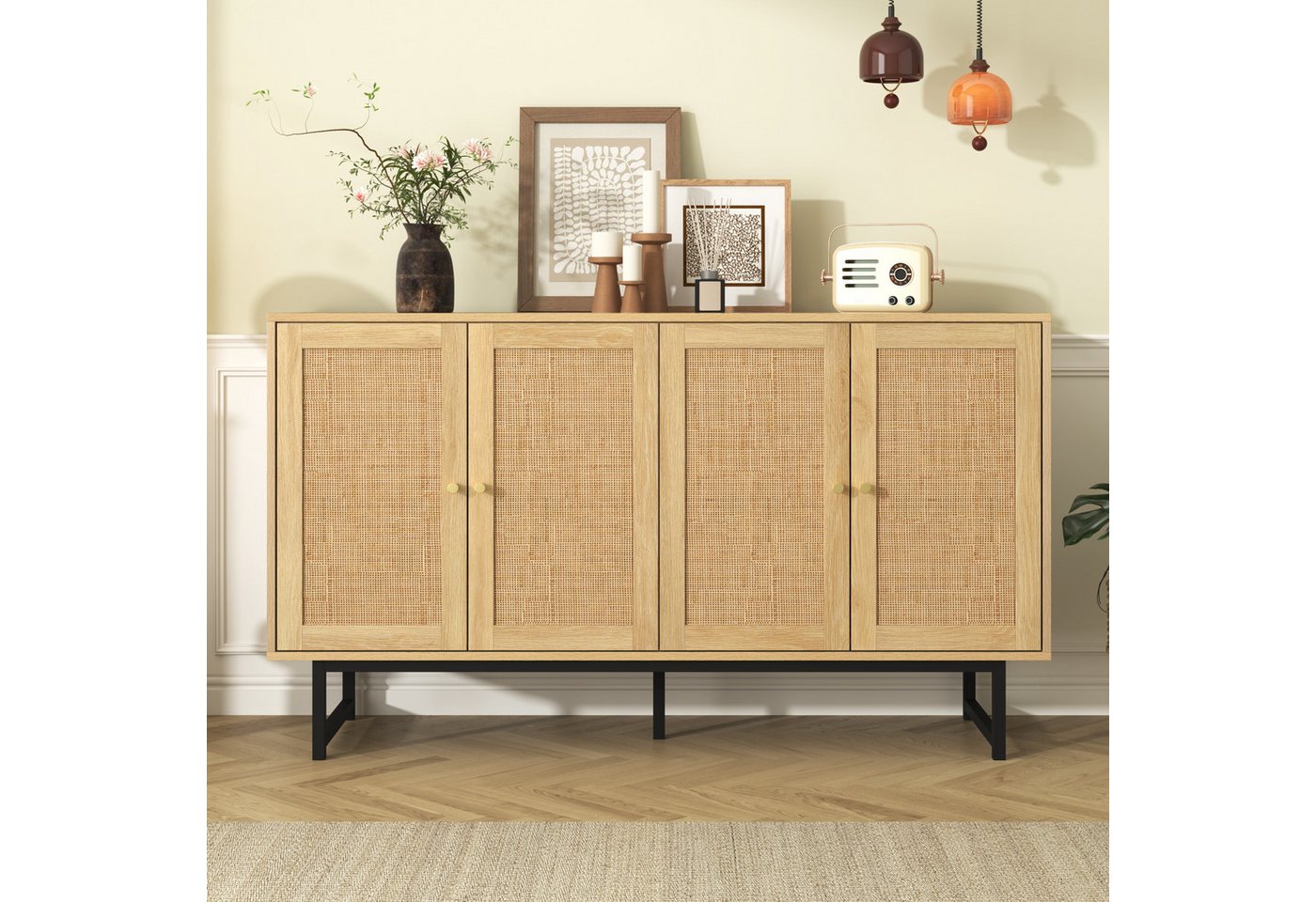 Furnishings Home Sideboard Schrank Schließfächer Modern Rattangeflecht, 140cm breite, Mit 4 Rattangeflecht Türen, vielseitig einsetzbar von Furnishings Home