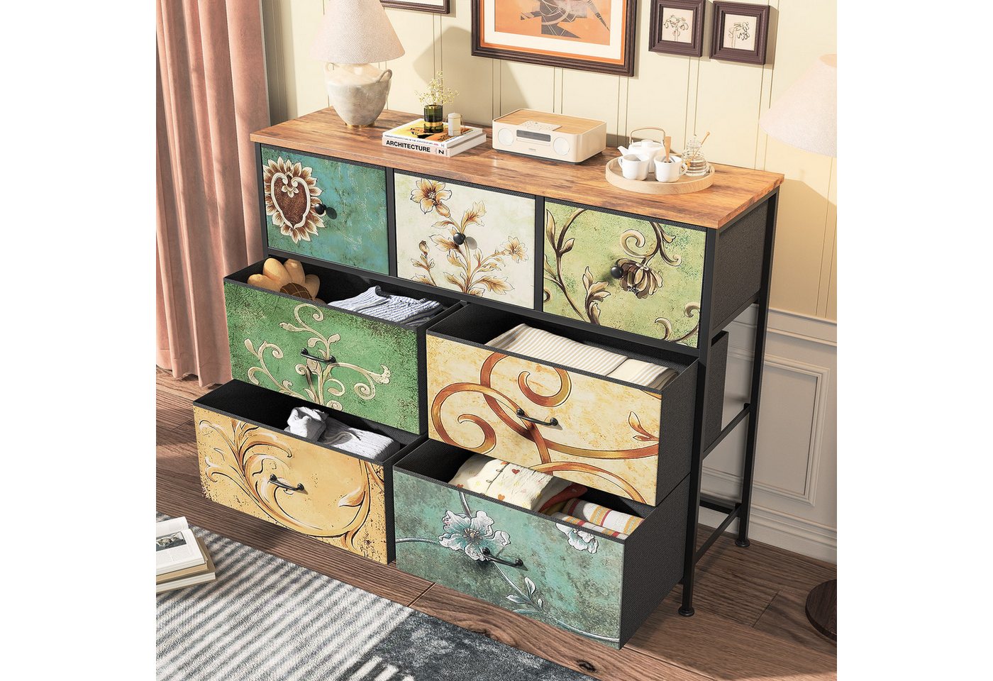 Furnishings Home Sideboard Schubkastenkommode Kommode Nachttisch Moderne (1 St., 100 x 30 x 78 cm), 7 Schubladen, MDF-Tischplatte, Retro-Stil, Blumenstoff von Furnishings Home