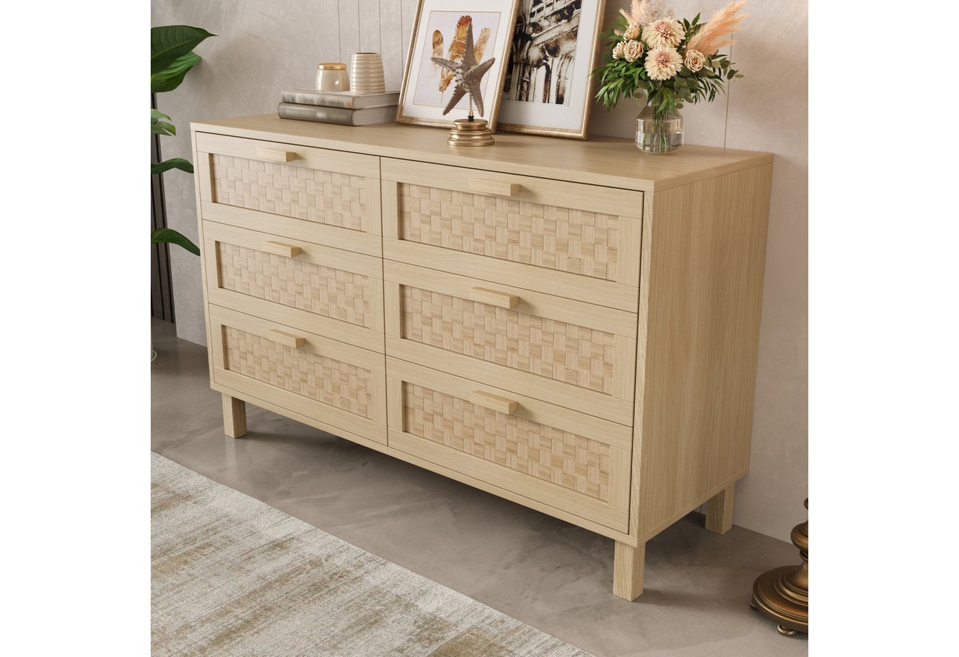 Furnishings Home Sideboard Sechs Schubladen Naturholz Rattanoptik 120L x 75B x 40H(cm) (1 St), Räumen wie Wohnzimmer, Esszimmer oder Schlafzimmer eingesetzt werden von Furnishings Home
