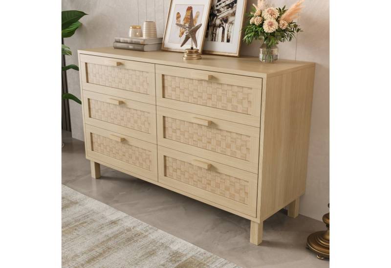 Furnishings Home Sideboard Sechs Schubladen Naturholz Rattanoptik 120L x 75B x 40H(cm) (1 St), Räumen wie Wohnzimmer, Esszimmer oder Schlafzimmer eingesetzt werden von Furnishings Home