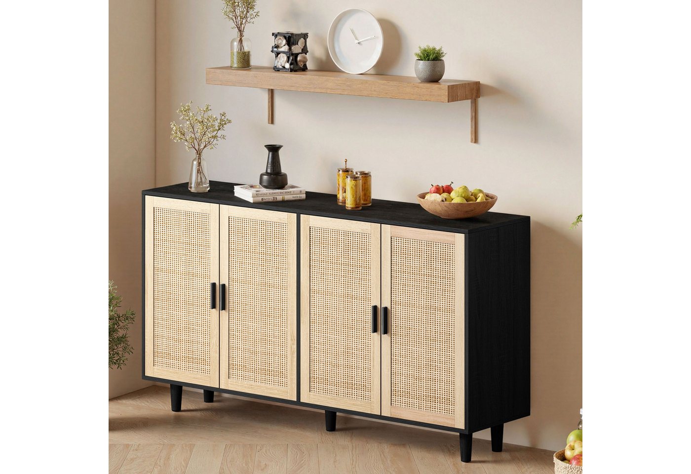 Furnishings Home Sideboard Sideboard mit 4 Türen, Schränke Kommode inkl. Rattan Decorative (1 St., für Esszimmer Schlafzimmer Wohnzimmer Flur, 158x40x88cm Highboard), Küchenmöbel, Kommt mit stabilen Holzbeinen und acht Fächern von Furnishings Home