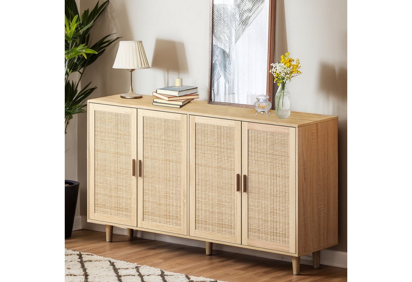 Furnishings Home Sideboard Sideboard mit 4 Türen, Schränke Kommode inkl. Rattan Decorative (1 St., für Esszimmer Schlafzimmer Wohnzimmer Flur, 158x40x88cm Highboard), Küchenmöbel, Kommt mit stabilen Holzbeinen und acht Fächern von Furnishings Home