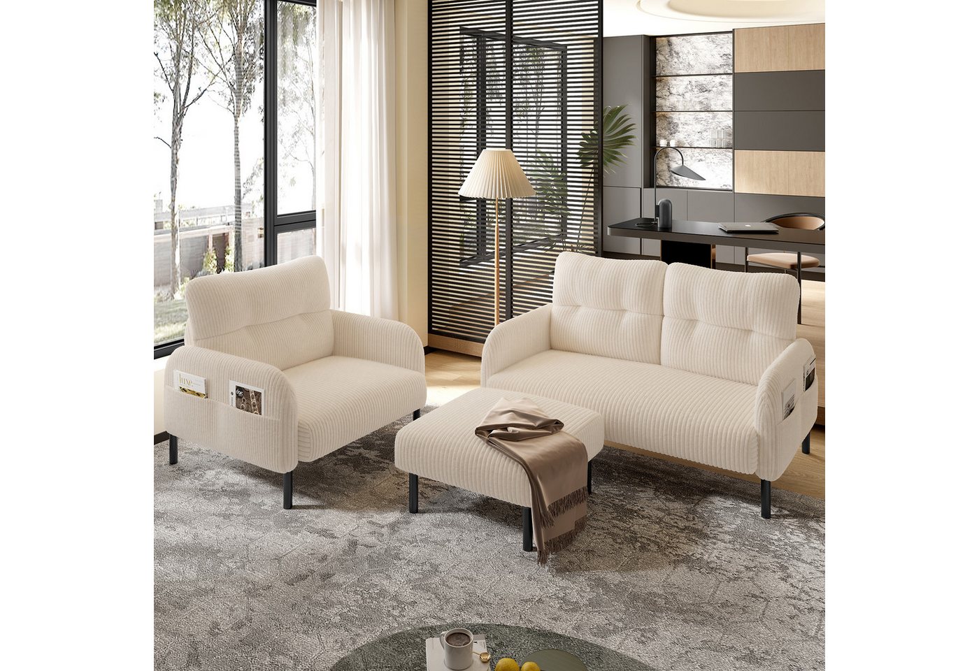 Furnishings Home Sofa 3er-Set Sessel Hocker&2-Sitzer Sofa Seitentasche Beige/Grau/Schwarz, 3 Teile, Stahlrohrgestell & extraweiche Rückenlehne Tiefe Sitzfläche Furnishings Home Sofa 3er-Set Sessel Hocker&2-Sitzer Sofa Seitentasche Beige/Grau/Schwarz, 3 Teile, Stahlrohrgestell & extraweiche Rückenlehne Tiefe Sitzfläche von Furnishings Home