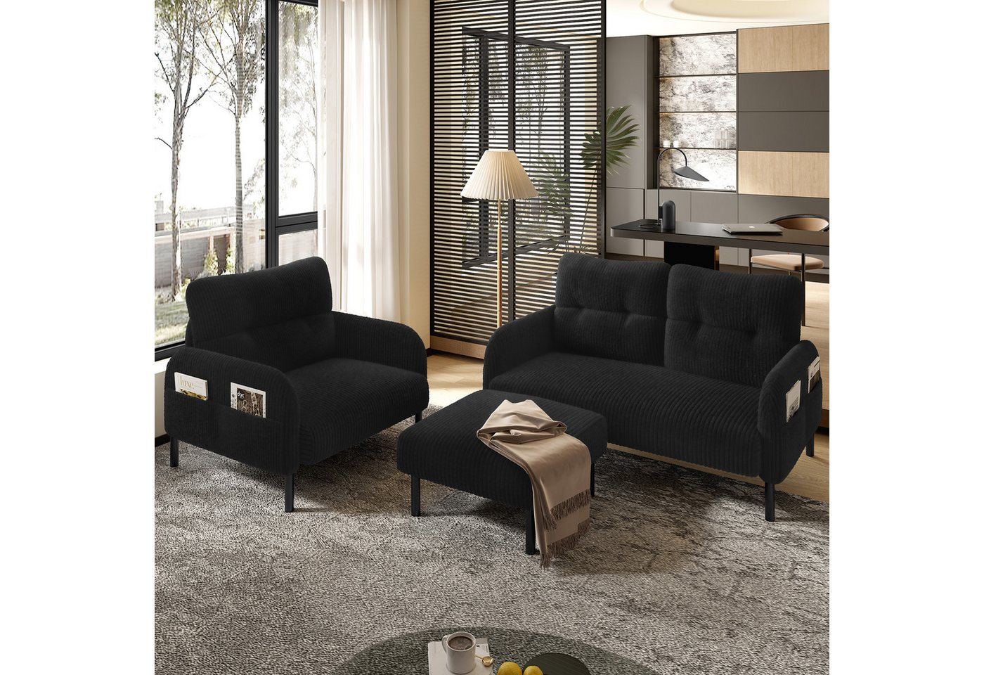 Furnishings Home Sofa 3er-Set Sessel Hocker&2-Sitzer Sofa Seitentasche Beige/Grau/Schwarz, 3 Teile, Stahlrohrgestell & extraweiche Rückenlehne Tiefe Sitzfläche Furnishings Home Sofa 3er-Set Sessel Hocker&2-Sitzer Sofa Seitentasche Beige/Grau/Schwarz, 3 Teile, Stahlrohrgestell & extraweiche Rückenlehne Tiefe Sitzfläche von Furnishings Home