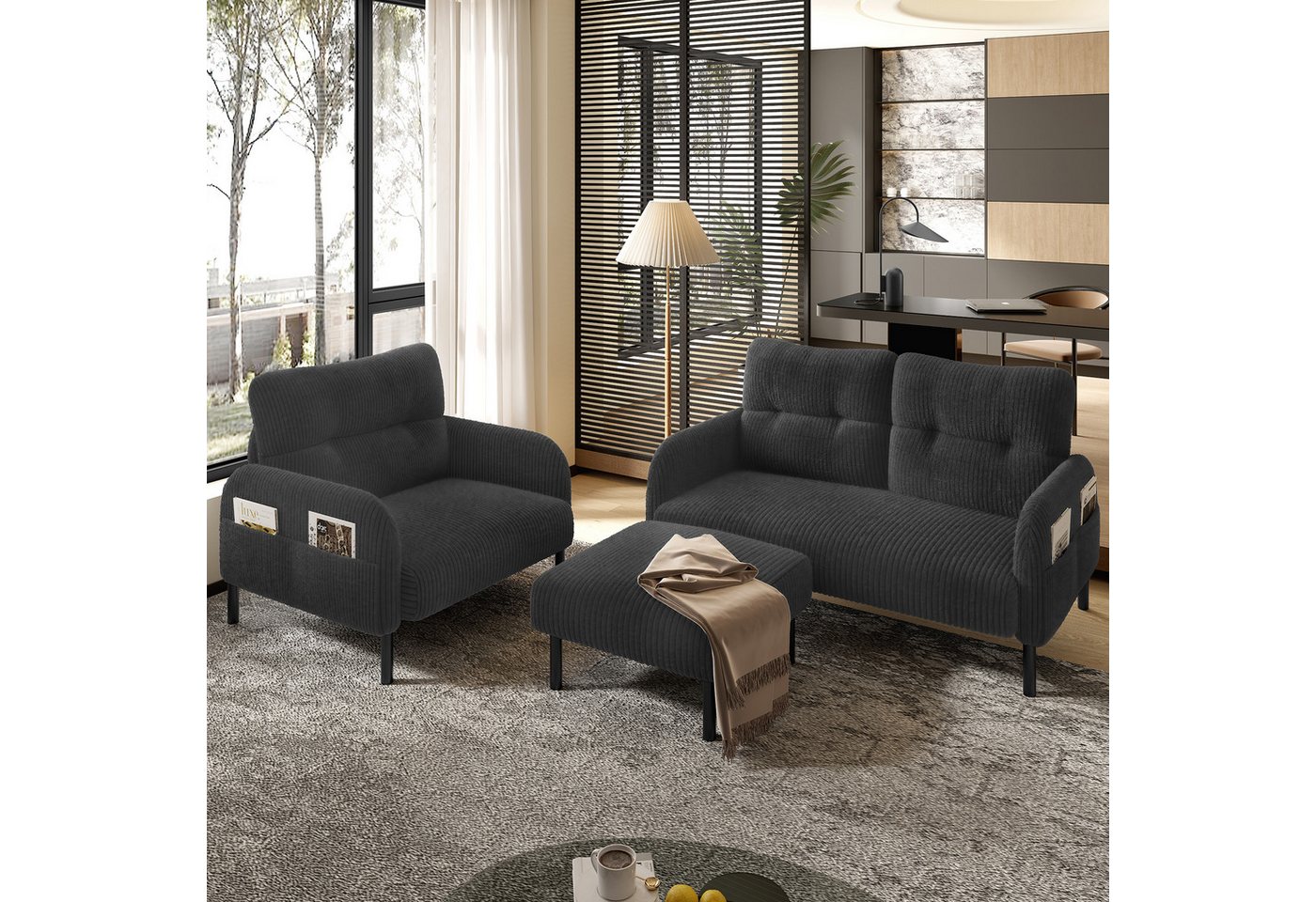 Furnishings Home Sofa 3er-Set Sessel Hocker&2-Sitzer Sofa Seitentasche Beige/Grau/Schwarz, 3 Teile, Stahlrohrgestell & extraweiche Rückenlehne Tiefe Sitzfläche Furnishings Home Sofa 3er-Set Sessel Hocker&2-Sitzer Sofa Seitentasche Beige/Grau/Schwarz, 3 Teile, Stahlrohrgestell & extraweiche Rückenlehne Tiefe Sitzfläche von Furnishings Home