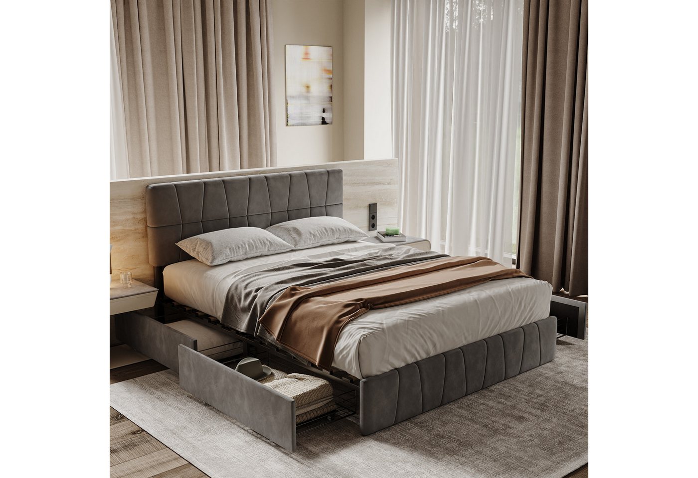 Furnishings Home Polsterbett Doppelbett Stauraumbett Mit 4 Metall Schubladen (1 tlg. Verstellbare Kopfteilhöhe), Mit Kopfteil, Lattenrost, Samt, 140x200 cm von Furnishings Home