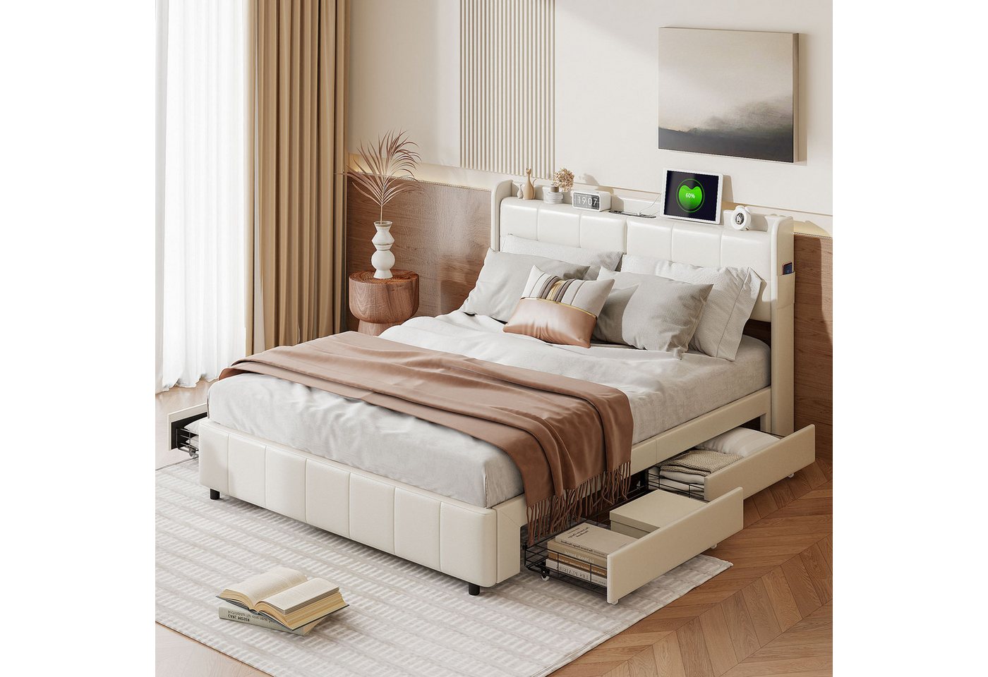 Furnishings Home Polsterbett Doppelbett Stauraumbett inkl. Stauraum & USB (Vier extra große Schubladen unter dem Bett), Mit Touch Nachtlicht, Lattenrost, Kunstleder, 140x200 cm von Furnishings Home
