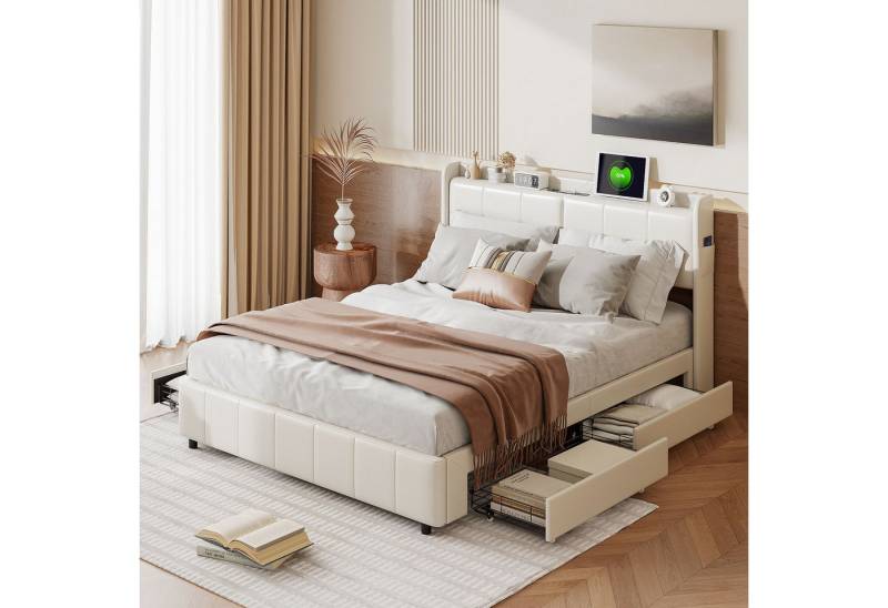 Furnishings Home Polsterbett Doppelbett Stauraumbett inkl. Stauraum & USB (Vier extra große Schubladen unter dem Bett), Mit Touch Nachtlicht, Lattenrost, Kunstleder, 140x200 cm von Furnishings Home