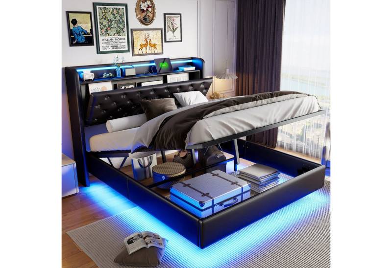 Gdood Polsterbett Stauraumbett Doppelbett LED (Multifunktionsbett, Hydraulisch hebbarer Stauraum), Mit USB & TYPE-C, LED-Beleuchtung, Kunstleder, 160x200 cm von Gdood