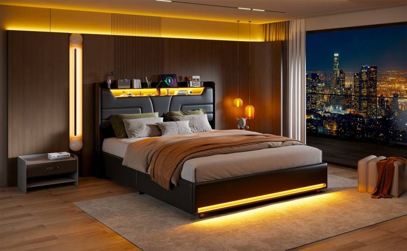 Gdood Polsterbett Stauraumbett Doppelbett LED, Kunstleder stoff (Zwei Steckdosen + USB, Hydraulisch hebbarer Stauraum), Mit LED-Beleuchtung, Bettkasten, Lattenrost, 140x200 cm von Gdood