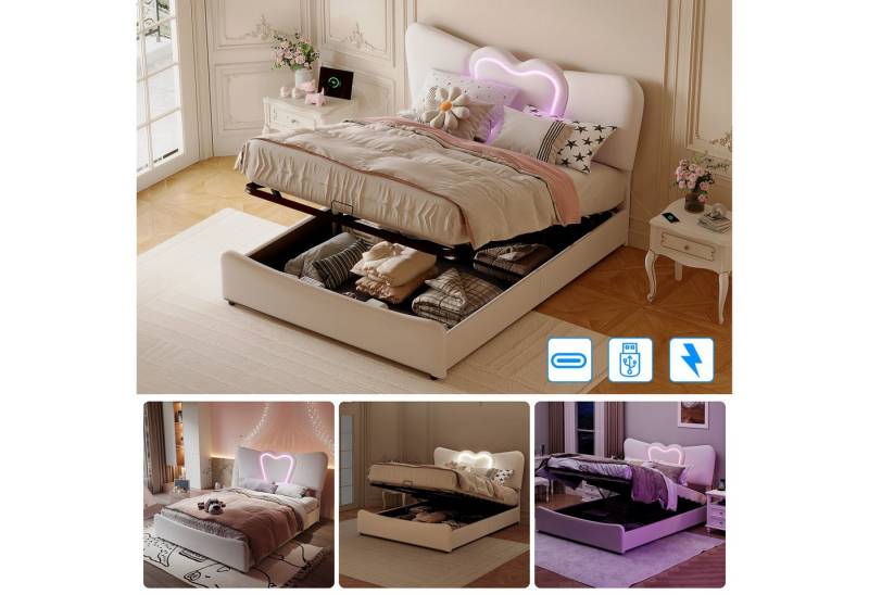 Gdood Polsterbett Kinderbett Stauraumbett Doppelbett LED (USB + TYPE-C, Hydraulisch hebbarer Stauraum), Mit LED-Beleuchtung, Ladefunktion, Lattenrost, Samt, 160x200 cm von Gdood