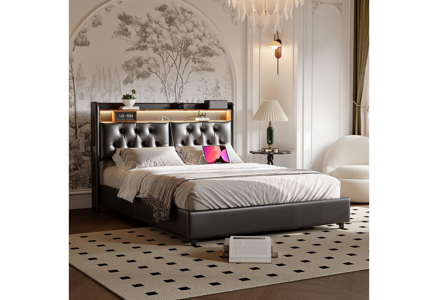 Furnishings Home Polsterbett Stauraumbett LED Doppelbett (Hydraulisch anhebbarer Bettstauraum), Mit LED Kopfteil, Ladefunktion, Lattenrost, Samt, 180 x 200cm von Furnishings Home
