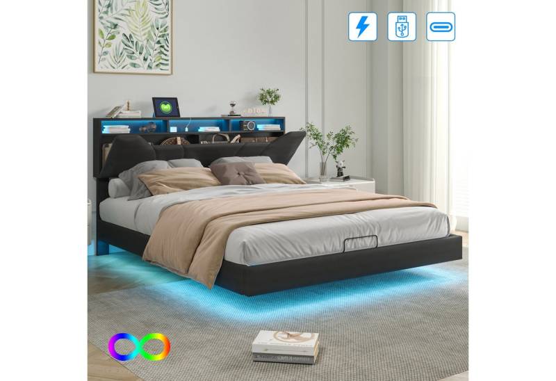 Furnishings Home Stauraumbett Polsterbett Doppelbett LED USB (1 tlg., hydraulisch hebbarem Stauraum), Mit LED-Licht, Nachttisch, Ladefunktion, Lattenrost,Leinen, 140x200 cm von Furnishings Home