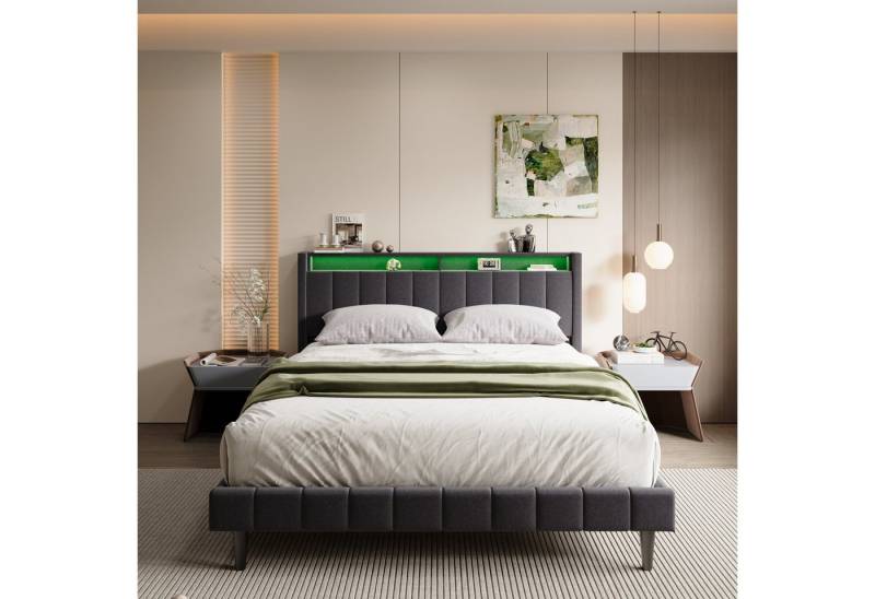 Furnishings Home Polsterbett Stauraumbett Doppelbett mit Ladefunktion (6000-farbigen variablen LED-Leuchten), Mit USB + Steckdosen, Lattenrost, Leinen, 140x200 cm von Furnishings Home