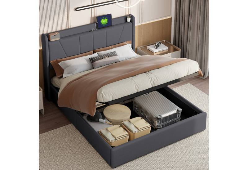 Furnishings Home Polsterbett Stauraumbett Doppelbett Mit Ladefunktion (hydraulisch hebbarem Stauraum), Mit 2 USB + 1 TYPE-C, Leinen, 140x200 cm von Furnishings Home