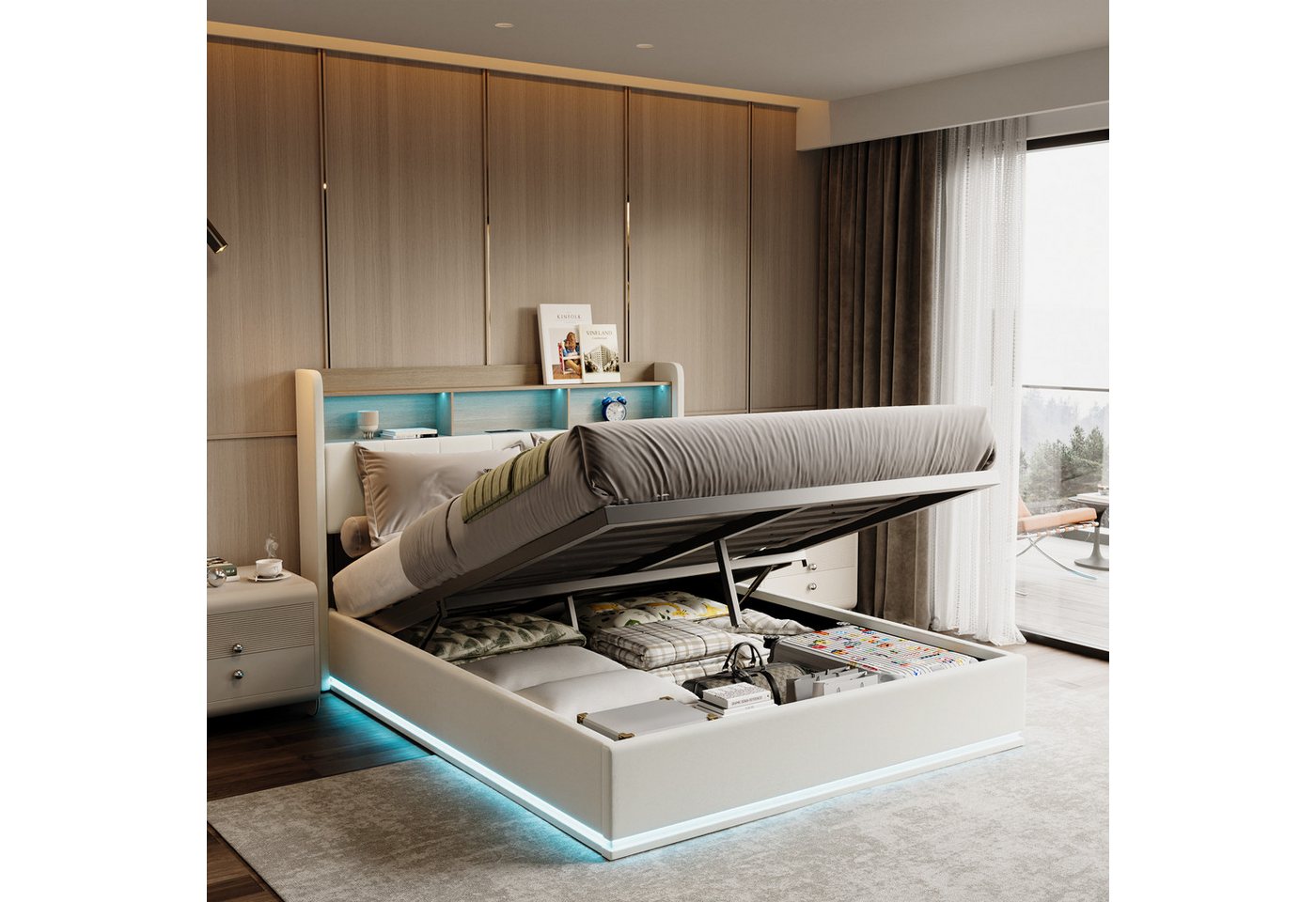 Furnishings Home Polsterbett Stauraumbett Doppelbett Mit Ladefunktion (hydraulisch hebbarem Stauraum), Mit LED-Beleuchtung, 2 USB + 1 TYPE-C + 1 Steckdose, Samt, 140x200 cm von Furnishings Home