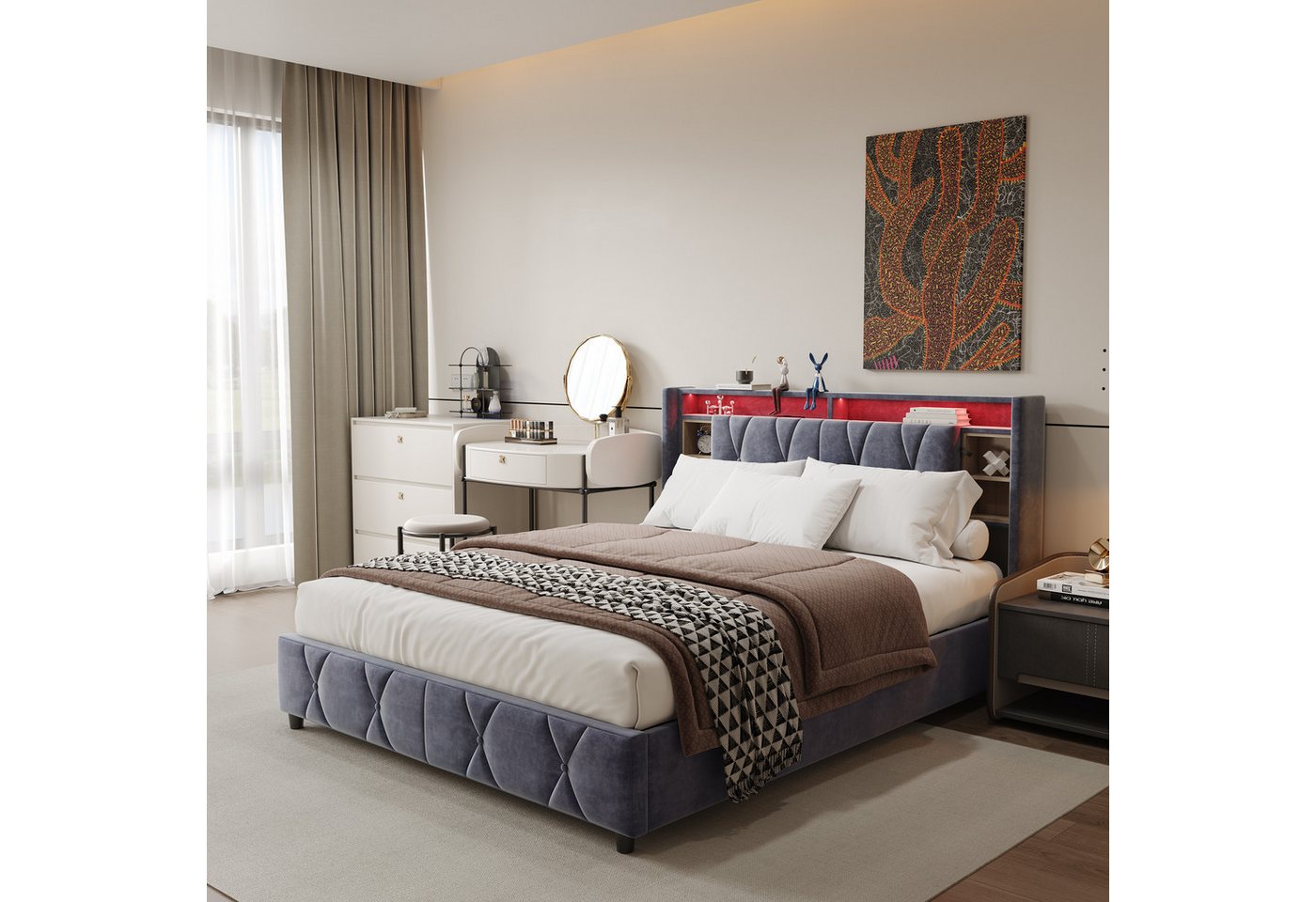 Furnishings Home Polsterbett Stauraumbett Doppelbett Mit Ladefunktion (hydraulisch hebbarem Stauraum), Mit LED-Beleuchtung, 2 USB + 1 TYPE-C + 1 Steckdose, Samt, 140x200 cm von Furnishings Home