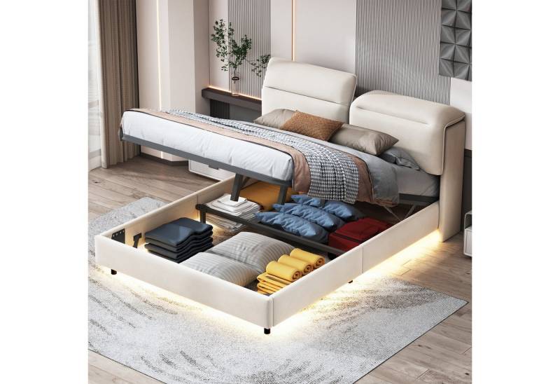 Gdood Polsterbett Stauraumbett Doppelbett inkl. LED & Bettkasten (Verstellbarer Rückenlehne, Hydraulisch anhebbarer Bettstauraum), Mit LED-Beleuchtung, Lattenrost, Samt, 160x200 cm von Gdood