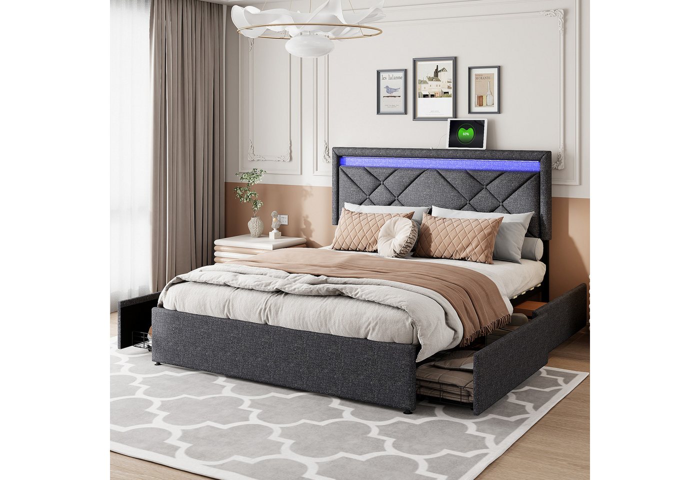 Furnishings Home Stauraumbett Polsterbett Doppelbett inkl. LED & Ladefunktion (Jugendbett, Verstellbare Kopfteilhöhe), Mit LED-Beleuchtung, USB + TYPE-C, Schubladen, Leinen, 140x200 cm von Furnishings Home