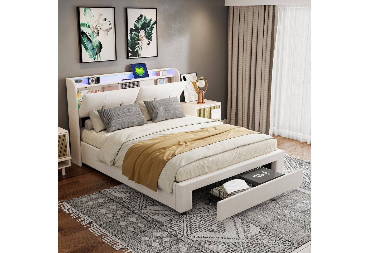 Gdood Polsterbett Stauraumbett Doppelbett, LED & Stauraum (Kopfteil & Hydraulisch hebbarer Stauraum), Mit LED-Beleuchtung, Nachttisch, Ladefunktion, Samt, 160x200 cm von Gdood